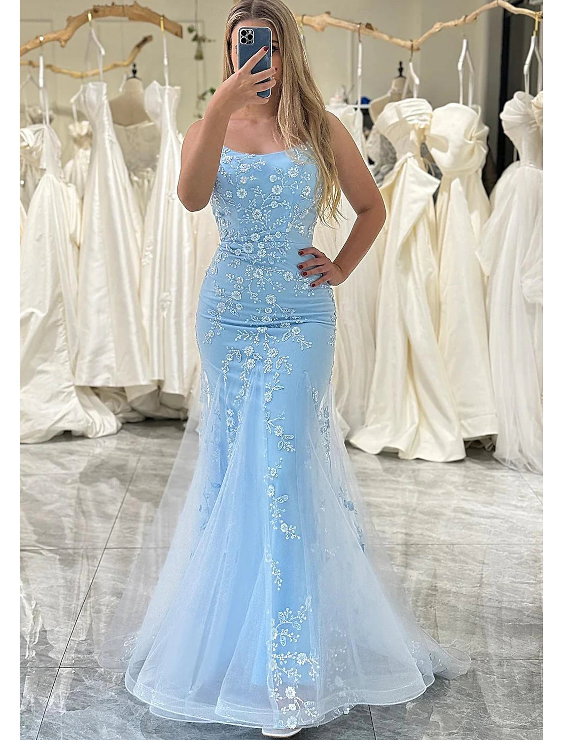 Mermaid / Trumpet Prom Dresses Elegant Dress Formal Floor Length Sleeveless Spaghetti Strap Tulle with Sequin Appliques