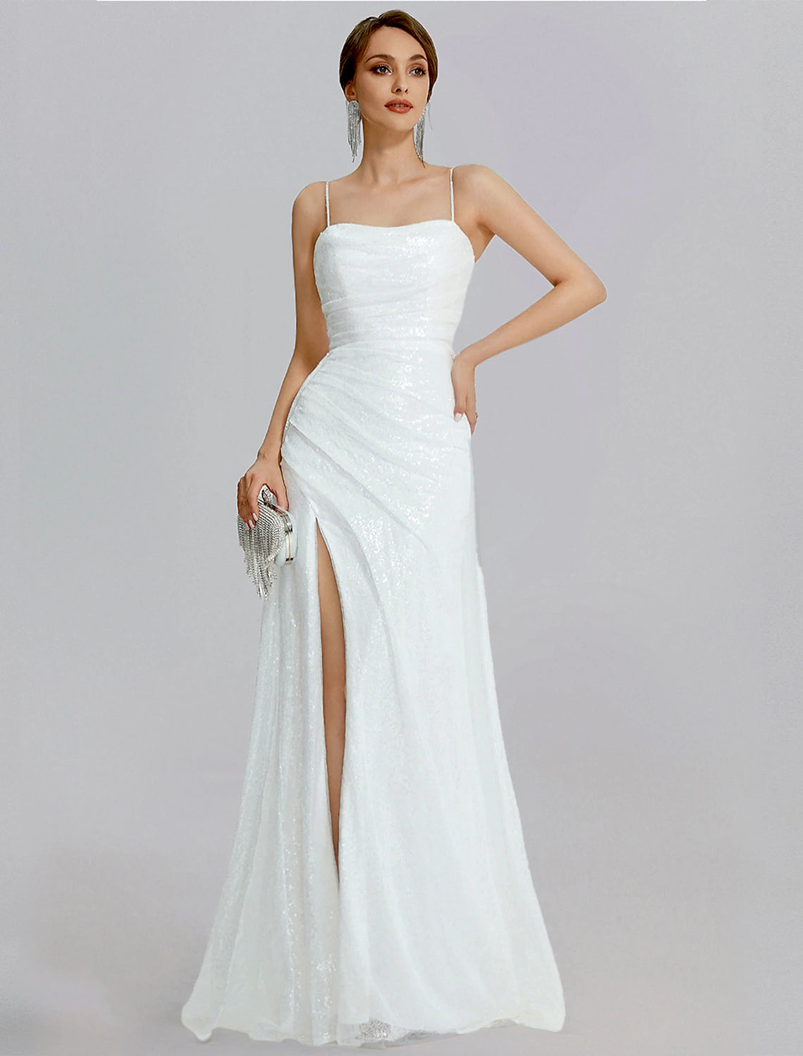 Mermaid / Trumpet Prom Dresses Sparkle Dress Wedding Floor Length Sleeveless Cowl Neck Sequined with Ruched Slit