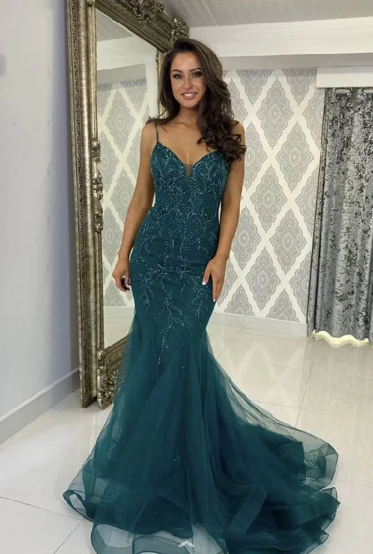 Mermaid Sleeveless Tulle Long Prom Dress Formal Evening Party Dress,DP662