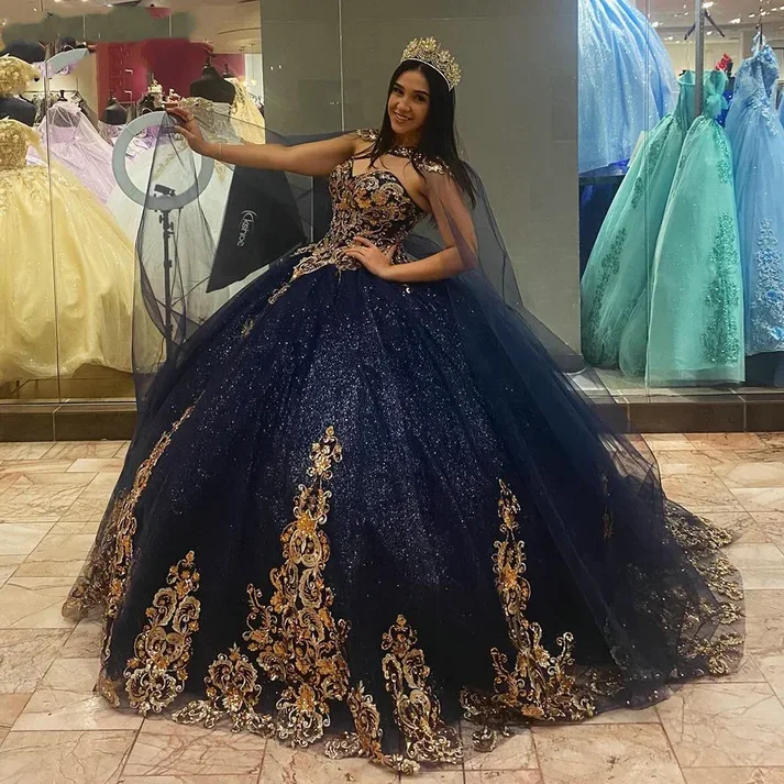 Navy Quincenara Dress Flowers Applique Lace Ball Gown With Cape Sweet 16 Dress, DP2395