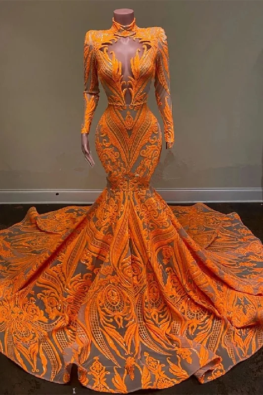 Orange Sequins Lace Mermaid Long Sleeves Prom Dress,DP869