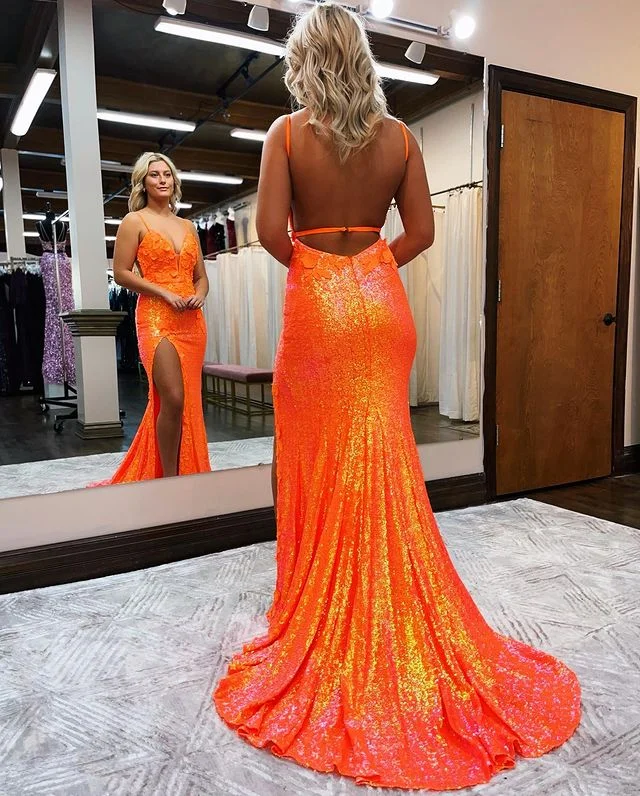 Orange Sparkly Mermaid V Neck Sequins Prom Dresses with Appliques,DP723