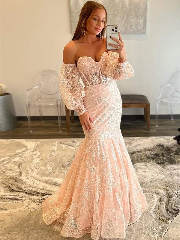 Pink Sexy Strapless Sweetheart Lace Mermaid Long Prom Dress,DP0164