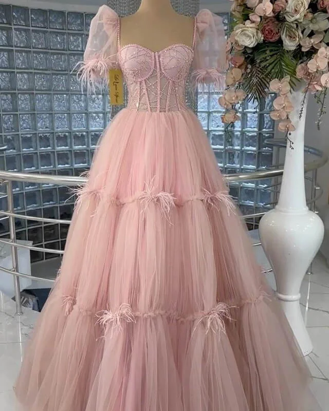 Pink Tiered Tulle Ball Gown Puffy Sleeves Dress A-Line Princess Prom Dresses