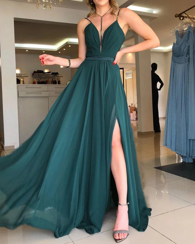 Plunge Neck Open Back Chiffon Split Dresses Prom Dresses With Lace Up Back