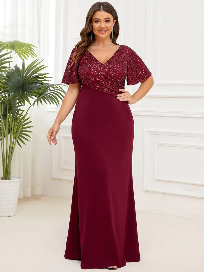 Plus Size Top Cinched Waist Column Sequin Evening Dress