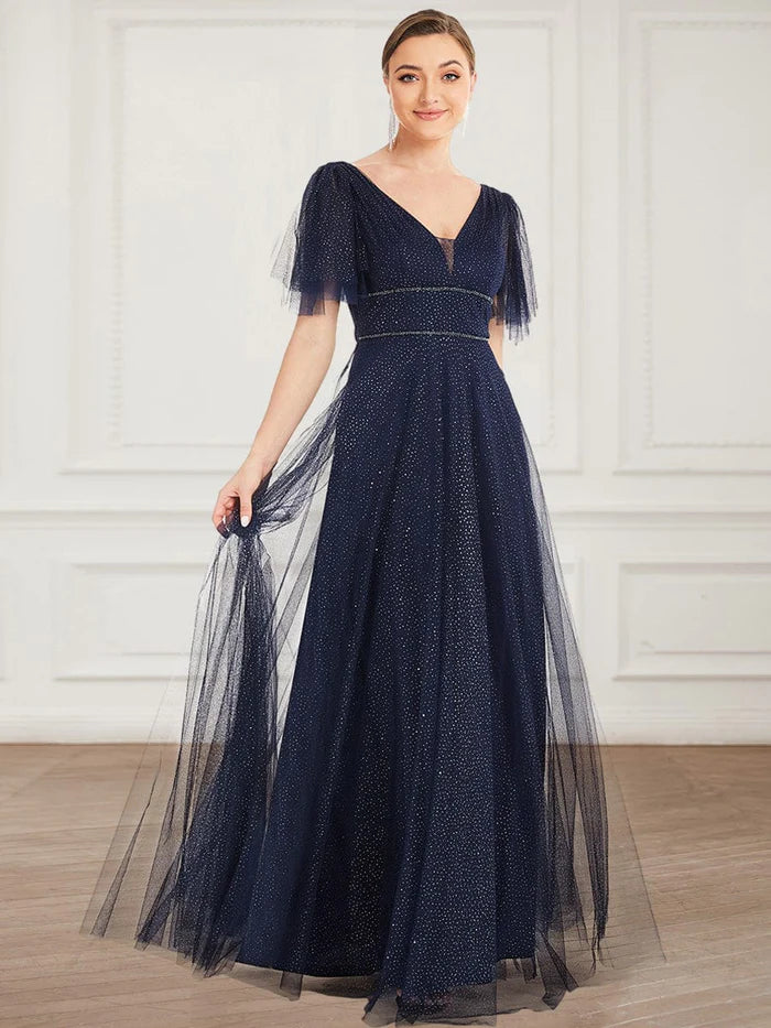 Romantic V Neck Tulle Evening Dress with Ruffle Sleeves