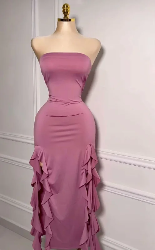 Rose Pink Strapless Ruffles Sheath Long Evening Party Dress DP3839