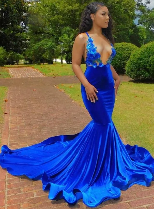 Royal Blue Deep V Neck Mermaid Lace Applique Backless Long Prom Dress,DP0293