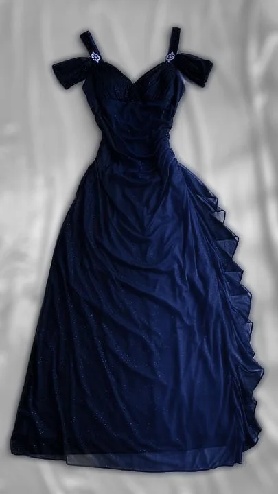 Royal Blue Straps Off Shoulder Ruffle Chiffon Vintage Long Prom Dress DP3856