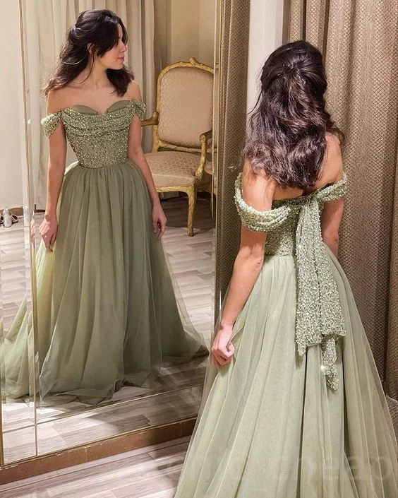 Sage Green A-line Prom Dress Sequined Lace Tulle Evening Formal Party,DP590