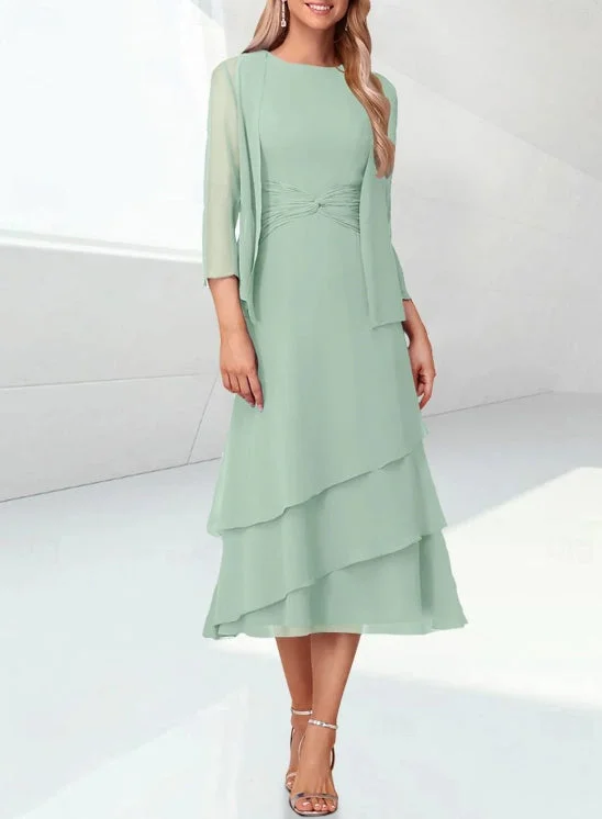 Sage Mother of the Bride Dress Wedding Guest Tea Lengthn Tiered Chiffon 3/4 Length Sleeve with Ruching