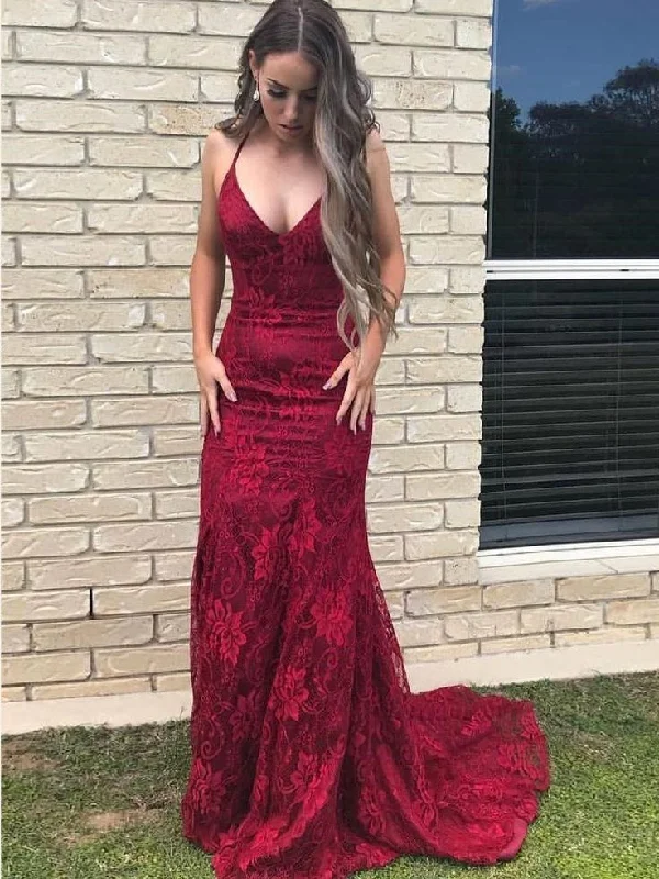 Sexy Backless Red Mermaid Lace Long Evening Prom Dresses,DP421