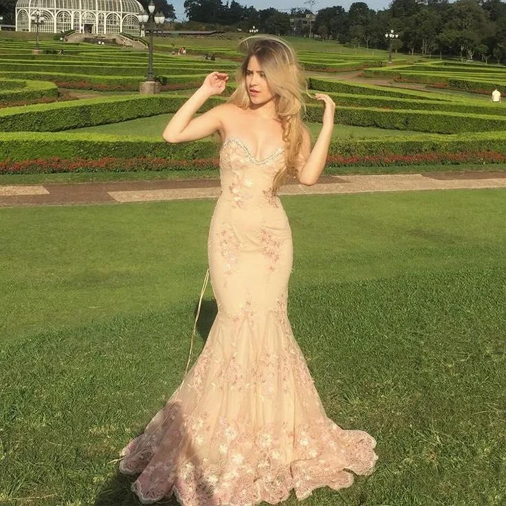 Sexy Nude Sweetheart Strapless Mermaid Lace Long Prom Dress,DP660