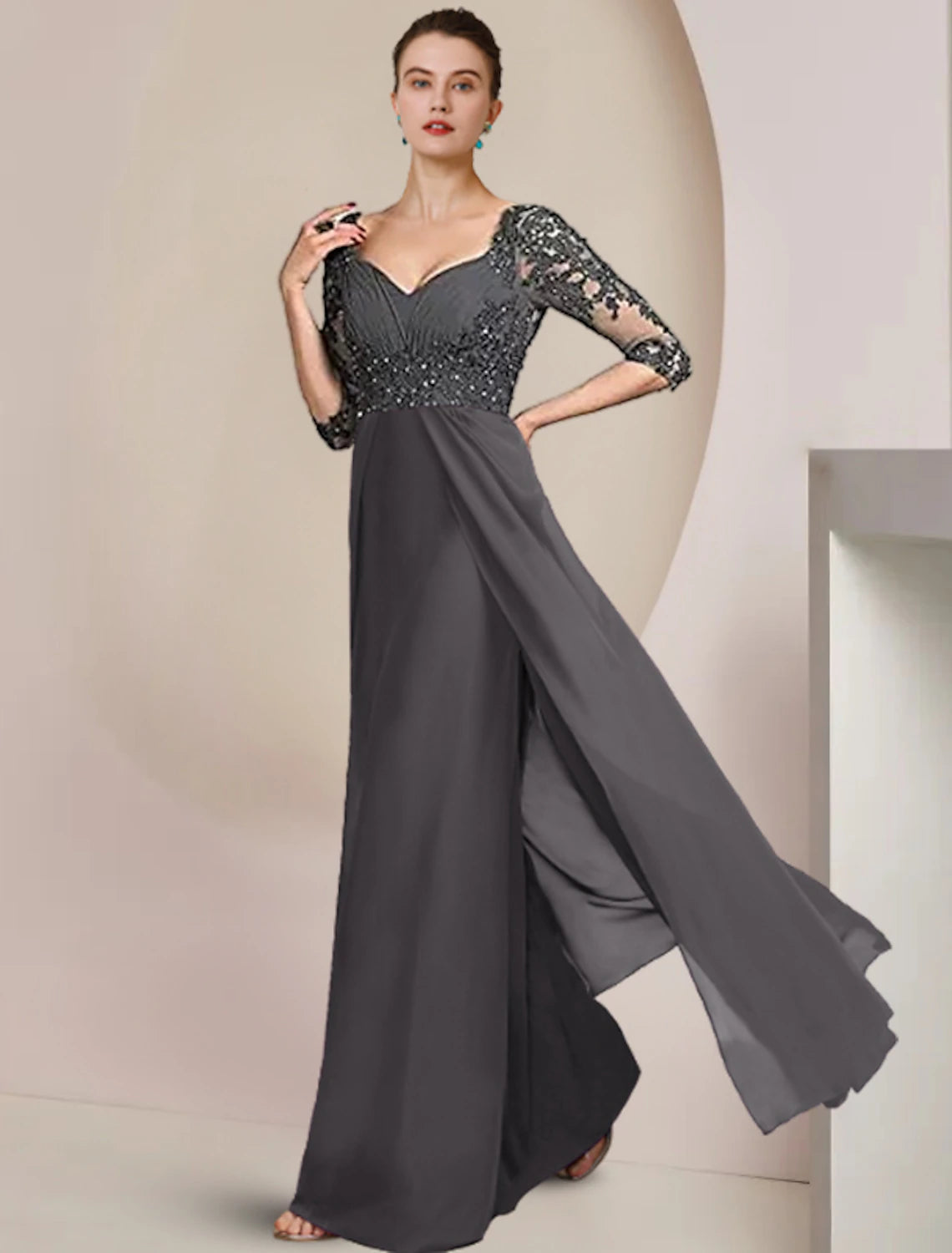 Sheath / Column Mother of the Bride Dress Formal Wedding Guest Elegant Square Neck Floor Length Chiffon Lace Sequin Appliques Ruching