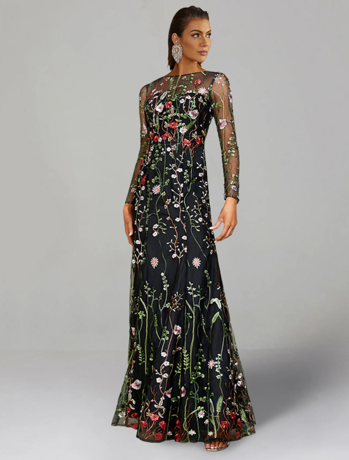 Sheath / Column Wedding Guest Dresses Floral Floor Length Long Sleeve Jewel Neck Fall Tulle Dress with Embroidery