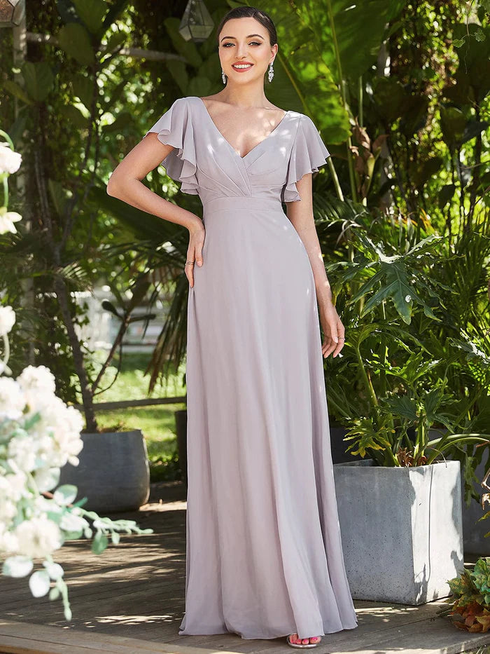 Short Ruffle Sleeve V-Neck Pleated Chiffon A-Line Evening Dress