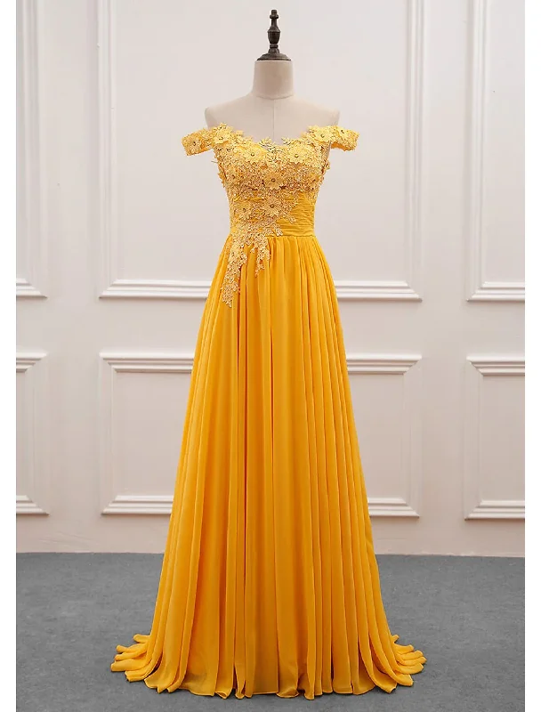 Yellow Off Shoulder A-Line Appliques Long Prom Dress Formal Party Dress,DP1461