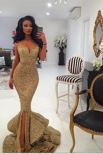 Spaghetti Straps Gold Sequin Mermaid Front Slit Long Prom Dress,DP842