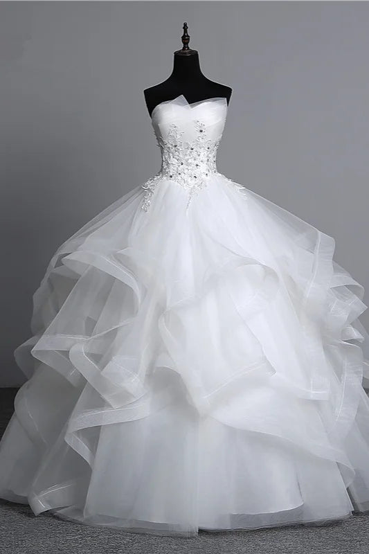 Strapless Layers Wedding Gown With Appliques Beadings