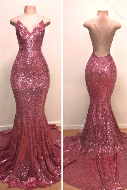 V-Neck Open Back Mermaid Long Prom Dress Evening Dress With Sequins,DP867