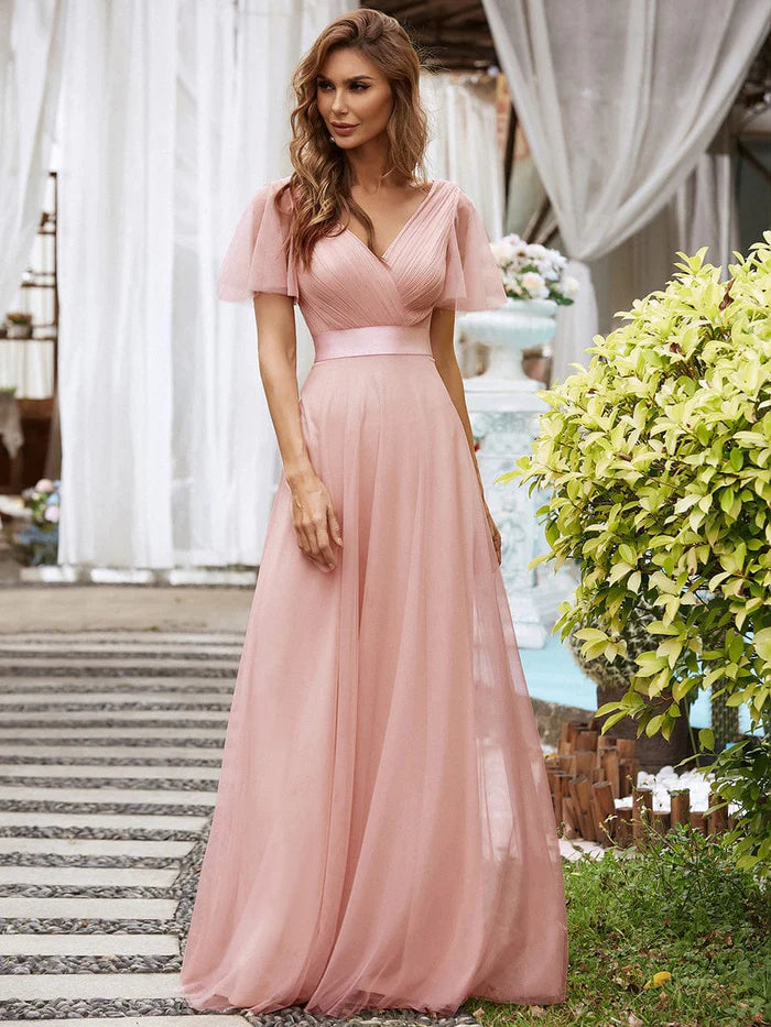 Women's Double V-Neck Floor-Length Bridesmaid Dress with Short Sleeve