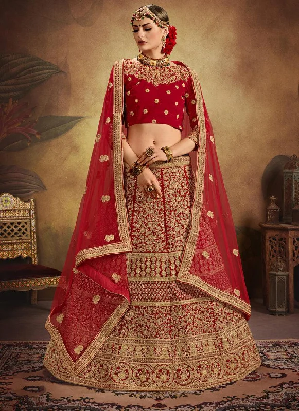 Bridesmaid Red Velvet Base Heavy Embroidered Lehenga Choli