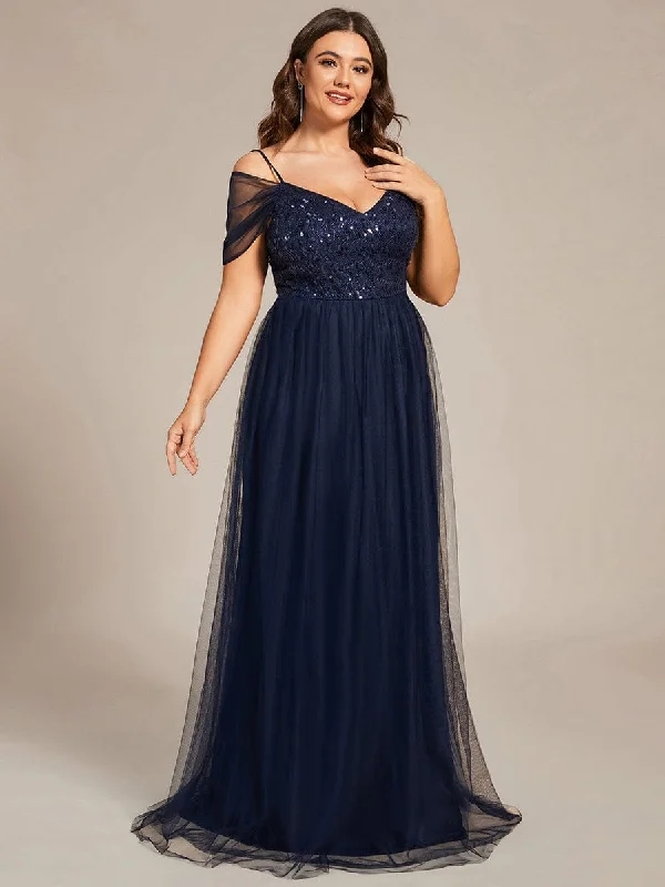 Custom Size Sequin Bodice Cold Shoulder Floor Length Tulle Bridesmaid Dress