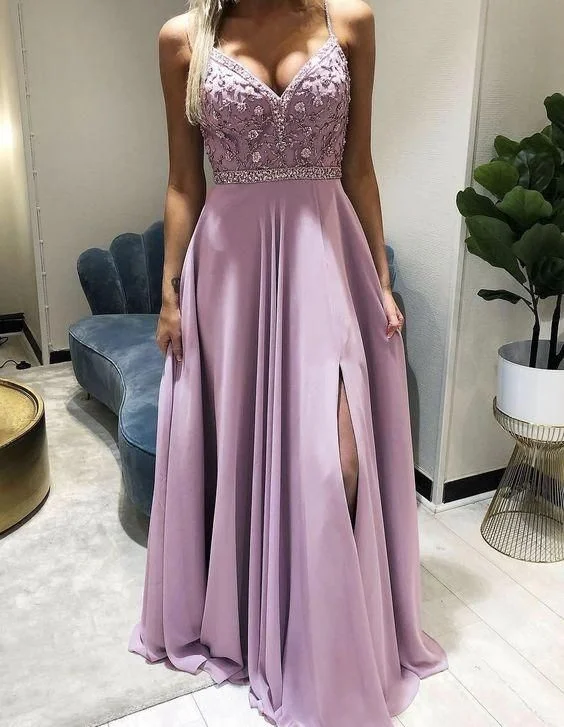 elegant mauve pink bridesmaid dresses chiffon split evening prom dress with side split C265