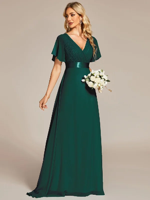 Monica | Long Chiffon Empire Waist Bridesmaid Dress with Short Flutter Sleeves