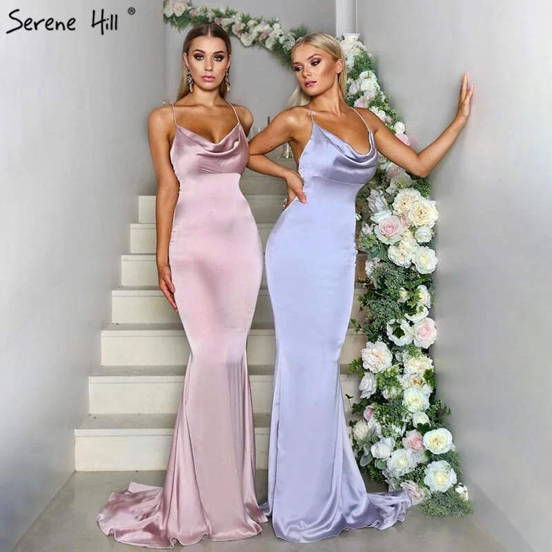 On Sale No Return No Refund  Pink And Blue Sleeveless Mermaid Bridesmaid Dresses 2024 Criss-Cross Backless Sexy Simple Bride Gowns Serene Hill LA70393