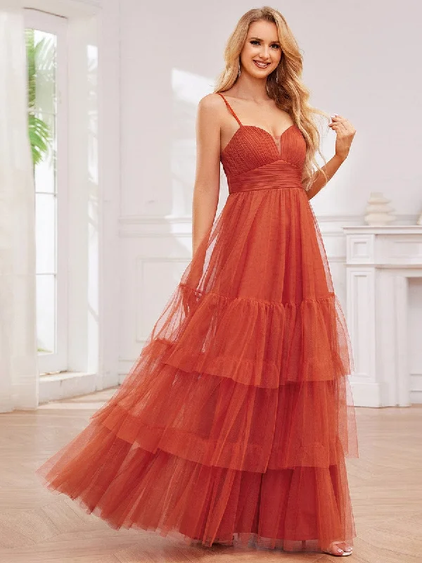 V Neck Tiered Tulle Spaghetti Strap Bridesmaid Dress