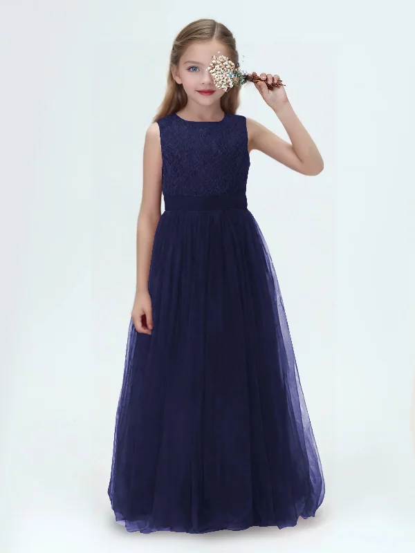 A-Line Sleeveless Long Lace Tulle Junior Bridesmaid Dresses