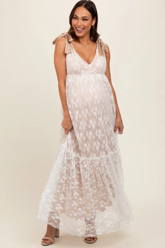 Beige V-Neck Satin Tie Lace Overlay Maternity Maxi Dress