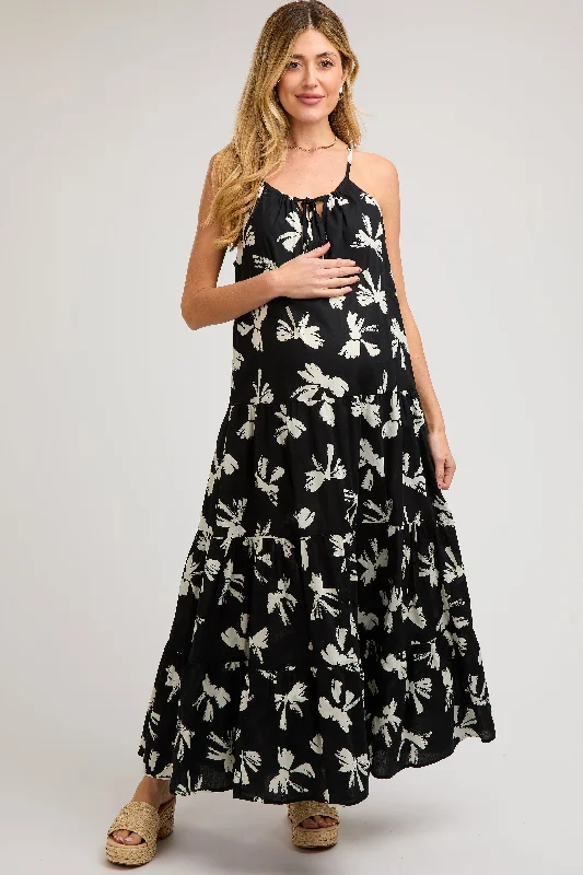 Black Bow Print Halter Front Tie Tiered Maternity Maxi Dress