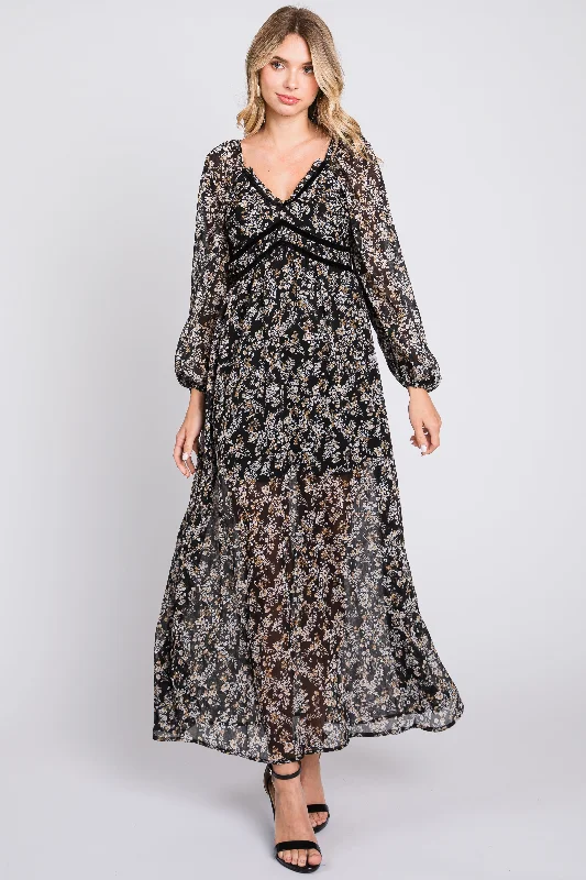 Black Floral Chiffon V-Neck Velvet Trim Maxi Dress