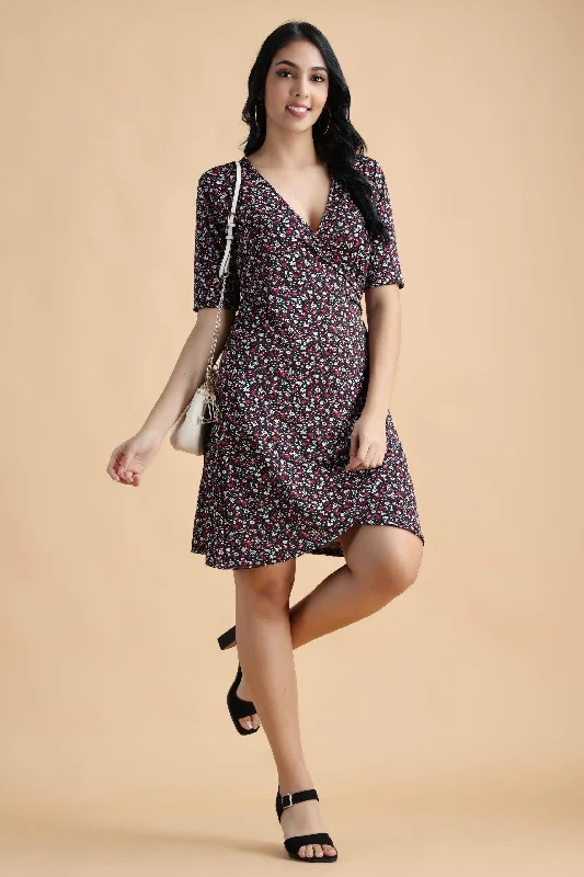 Black Floral Printed Wrap Around Dress