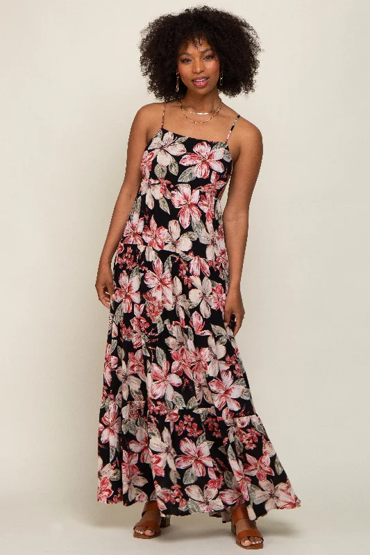 Black Floral Square Neck Tiered Maxi Dress