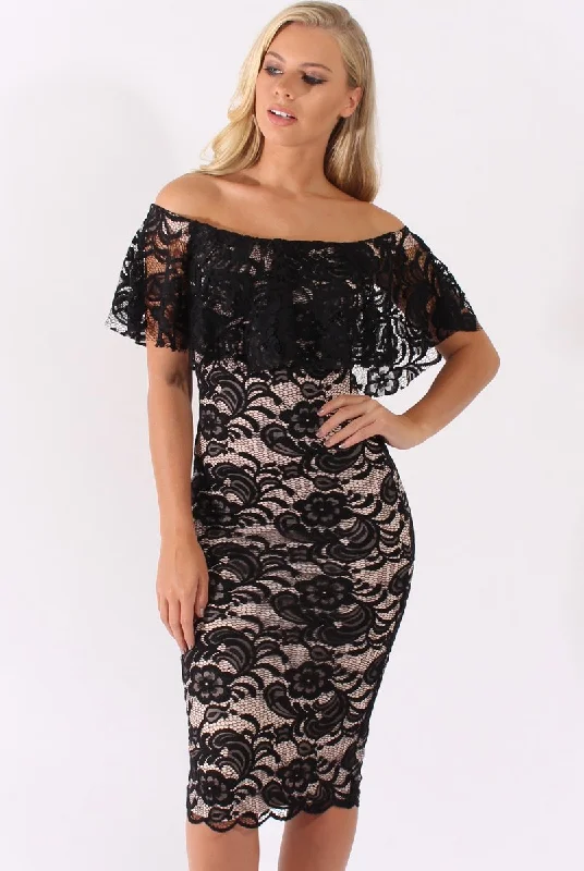 Black Lace Bardot Frill Midi Dress - Keysha