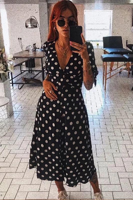 Black Polka Dot Button Front Midi Dress - Prima