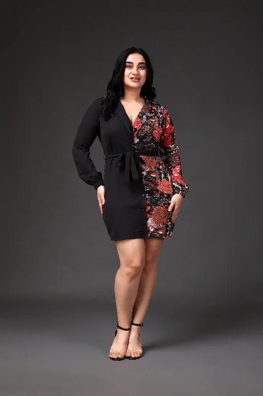 Black Solid Floral Printed Contrast Dress