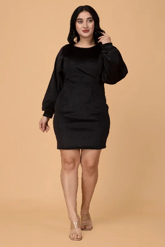 Black Solid Ribbed Knit Dress