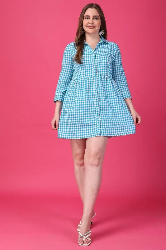 Blue Checked Front Buttoned Dress