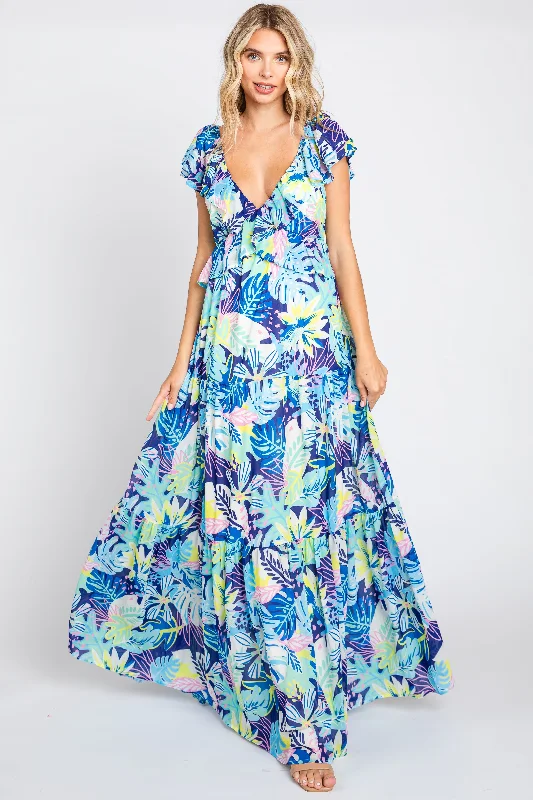 Blue Floral Ruffle Accent Maxi Dress