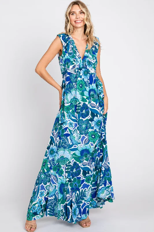 Blue Floral Ruffle Accent Sleeveless Maxi Dress