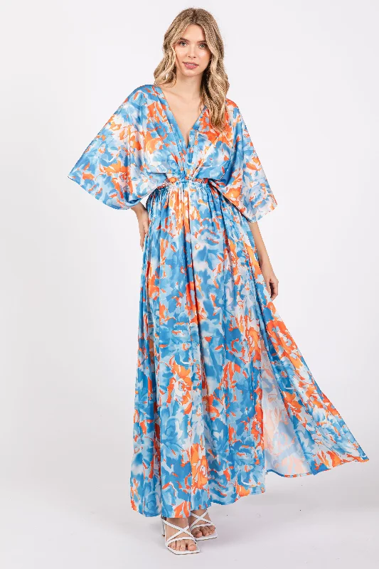 Blue Floral Satin V-Neck Maxi Dress