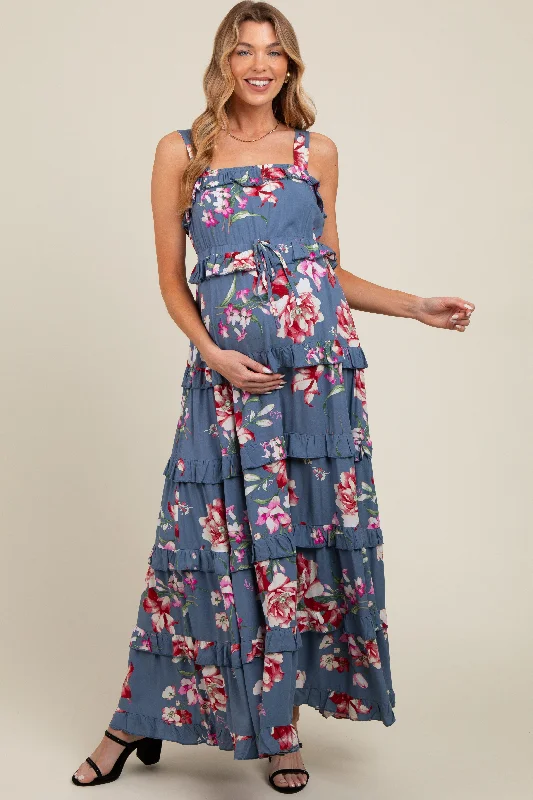 Blue Floral Sleeveless Tiered Maternity Maxi Dress