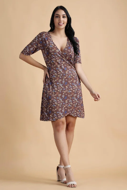 Brown Floral Printed Wrap Around Dress