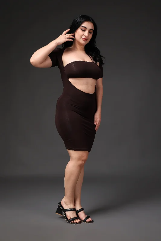 Brown Solid Bustier Front Cut Dress