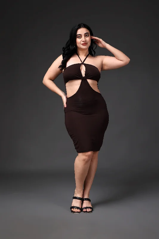 Brown Solid Front Cut Bodycon Dress